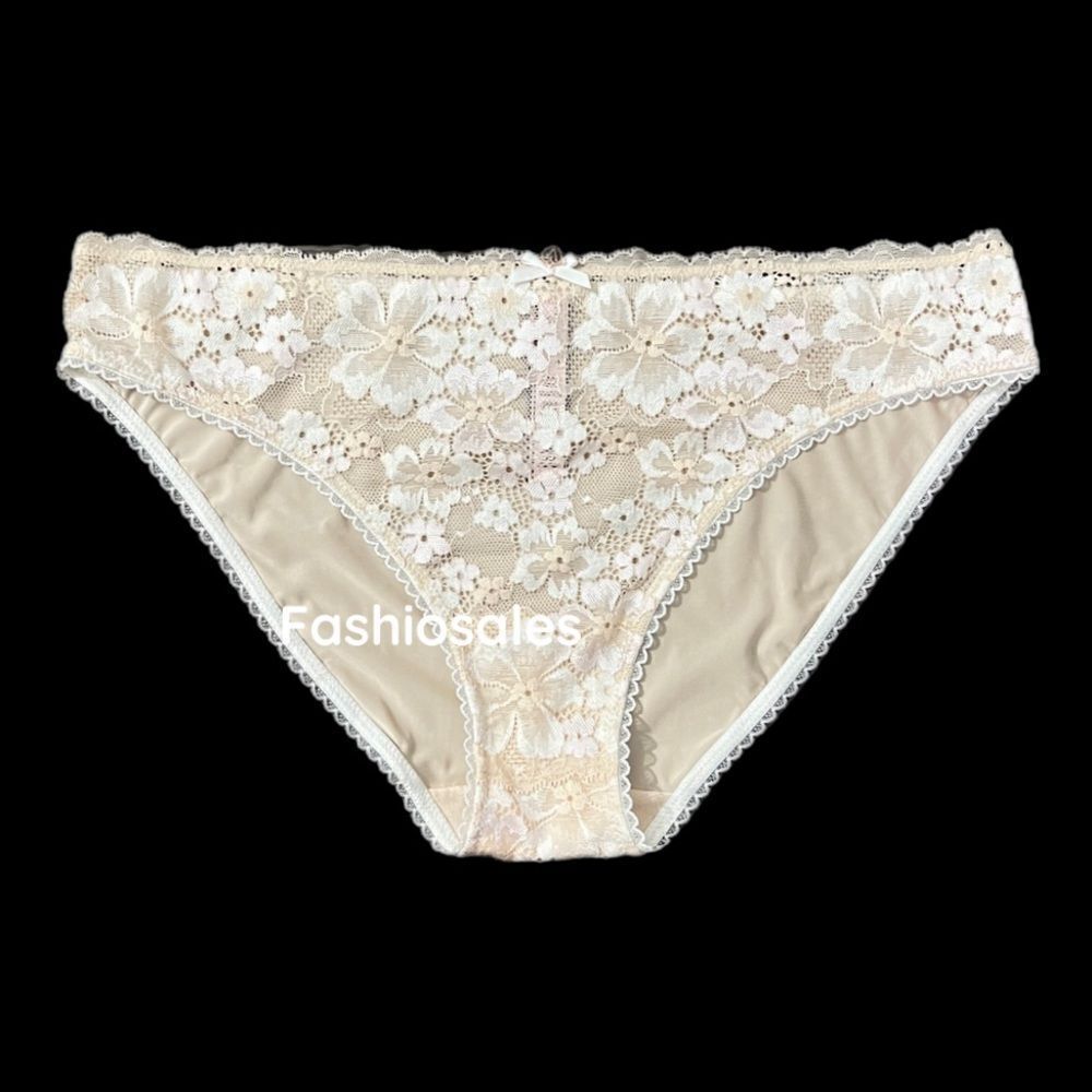 Victorias Secret Body Supersoft Satiny floral Lace front Bikini panty Champagne